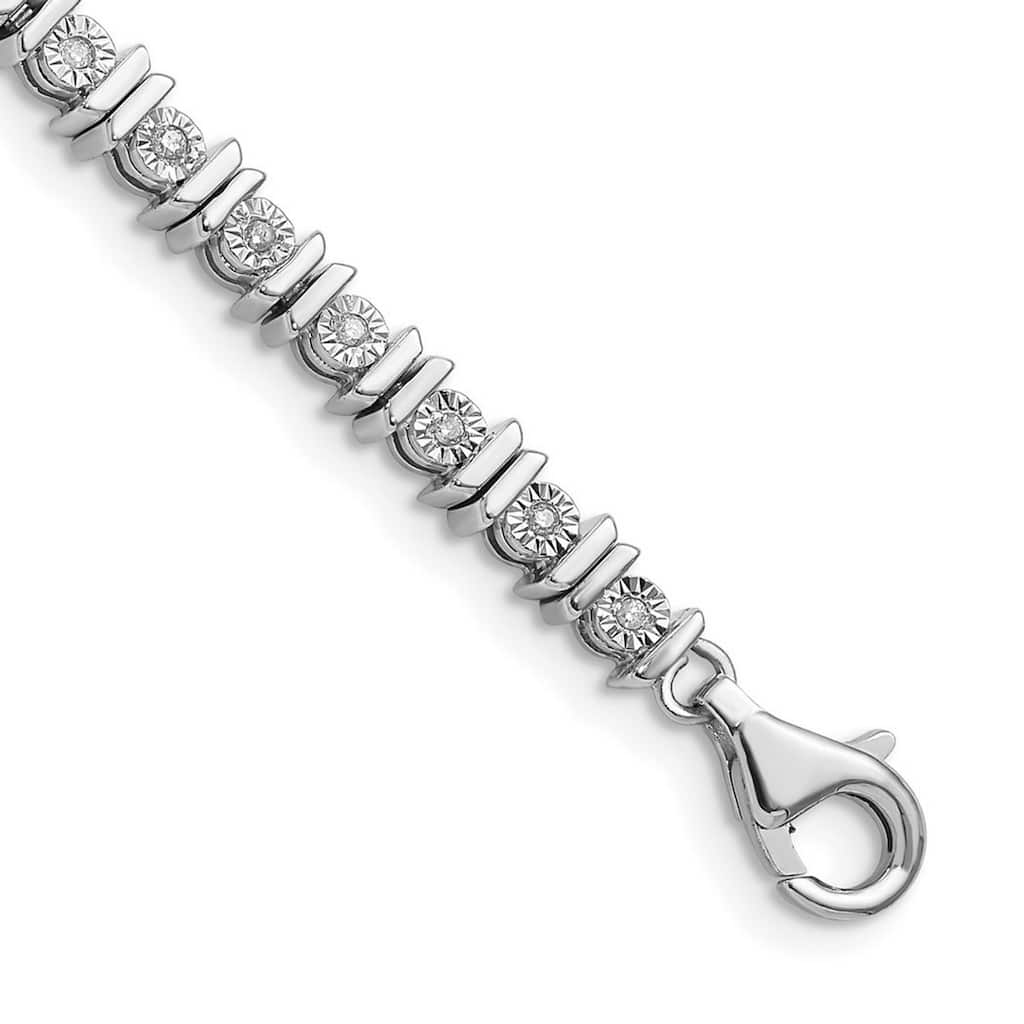 Curata 925 Sterling Silver Polished Lobster Claw Closure Fancy Lobster Closure Diamond Tennis Bracelet