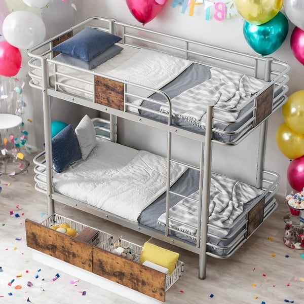 slide 2 of 11, Twin XL over Twin XL Bunk Bed With Board Guardrail And 2 Drawers for Home Silver