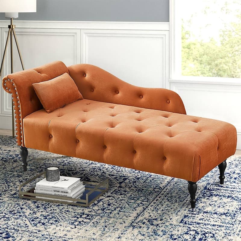 60"W Velvet Chaise Lounge, Tufted with Pillow & Nailhead Decorate - 60.6W" x 27.5D" x 28.3"H