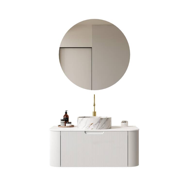 Floating Bathroom with Round Ceramic Basin and Storage Drawer