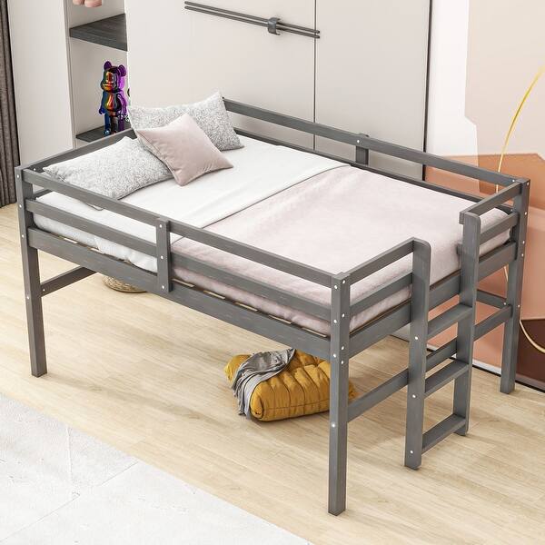 slide 2 of 6, Antique Gray Wood Twin Loft Bed with Ladder & Guardrails Antique Gray