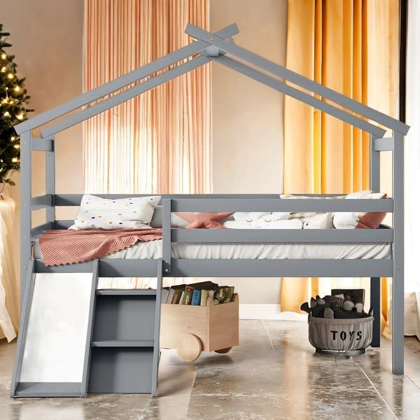 slide 2 of 21, House Shape Twin Low Loft Bed With Slide, Kid'S Bunk Bed Grey