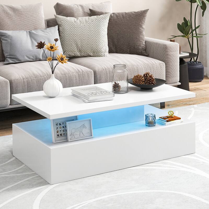 Gymax LED Coffee Table 2-Tier High Glossy with Adjustable Light &