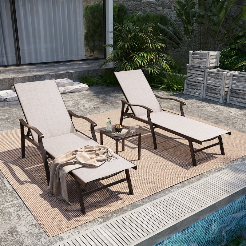 Outdoor Chaise Lounge Chair Reclining Sunlounger Set with Side Table - Set of 3 - Beige