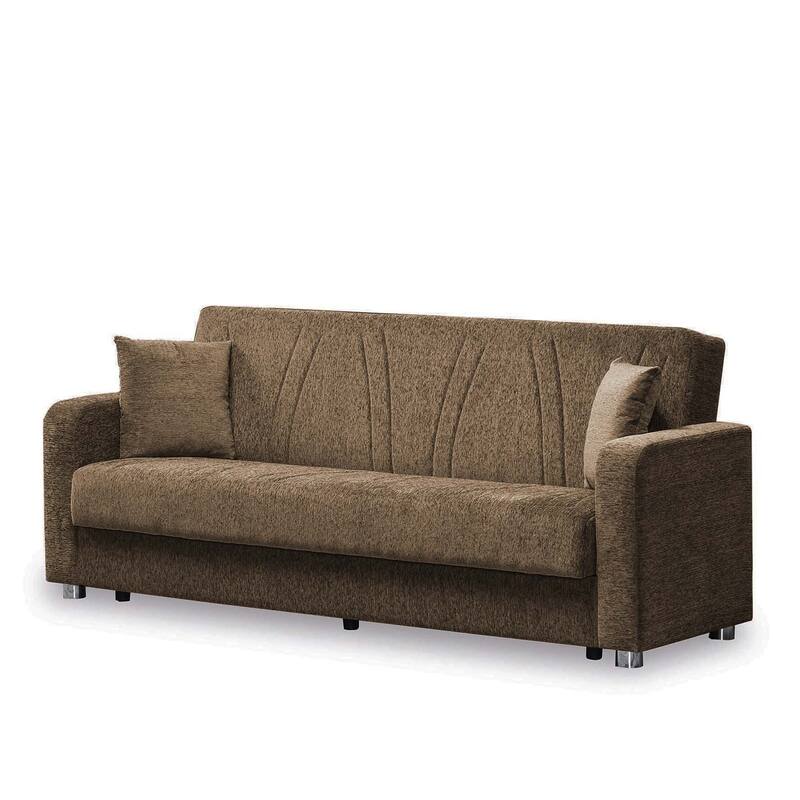 HomeRoots 87" Beige Chenille Convertible Futon Sleeper Sofa And Toss Pillows With Storage