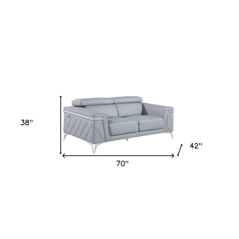 HomeRoots 70" Light Blue And Silver Metallic Top Grain Leather Loveseat