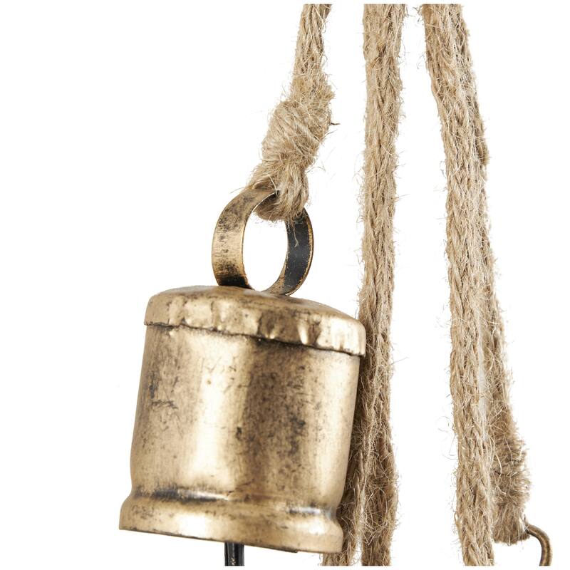 Gold, White or Black Metal Tibetan Inspired Cascading Indoor Outdoor Decorative Cow Bells with 5 Bells on Jute Hanging Rope