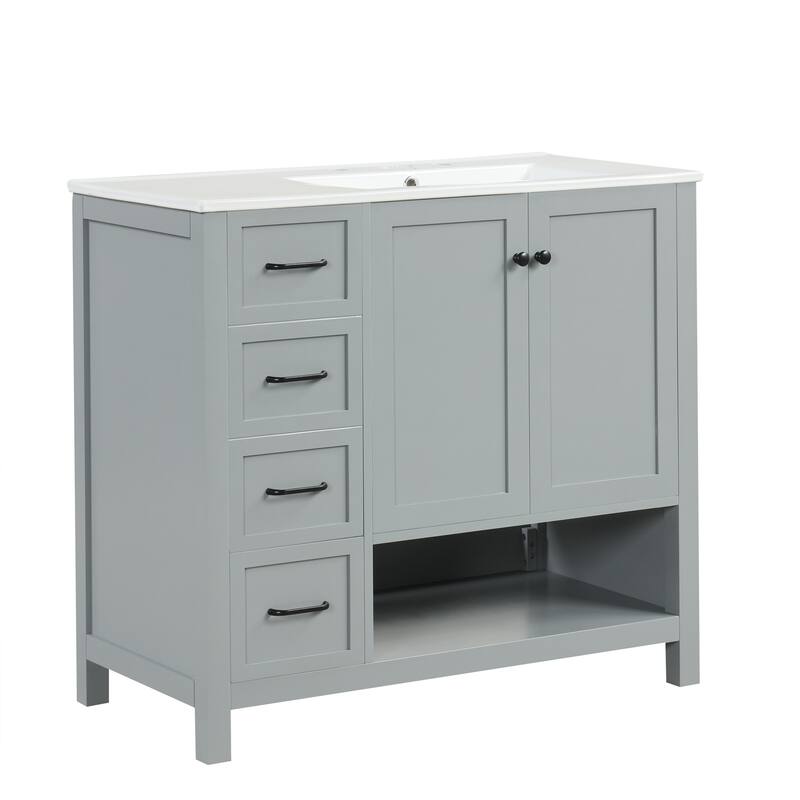 36" Freestanding Bathroom Vanity with Ceramic Sink, 2 Doors and 2 Drawers, Modern Grey Finish,8" Faucet Mount