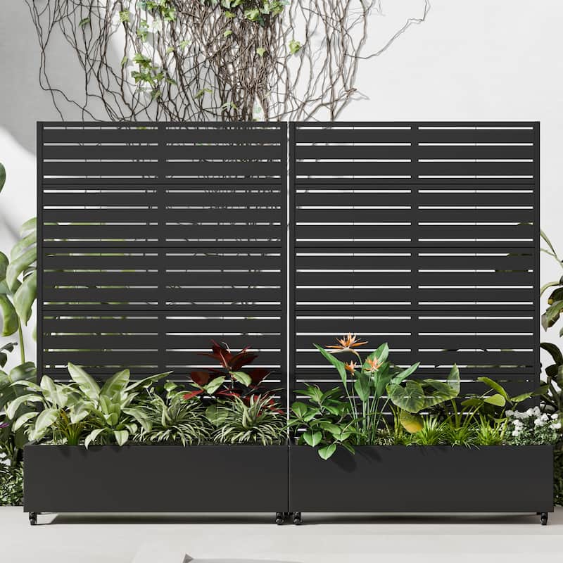 Metal Galvanized Planter Box with Trellis Privacy Screen Lockable Wheels - 72"x47"-Set of 2