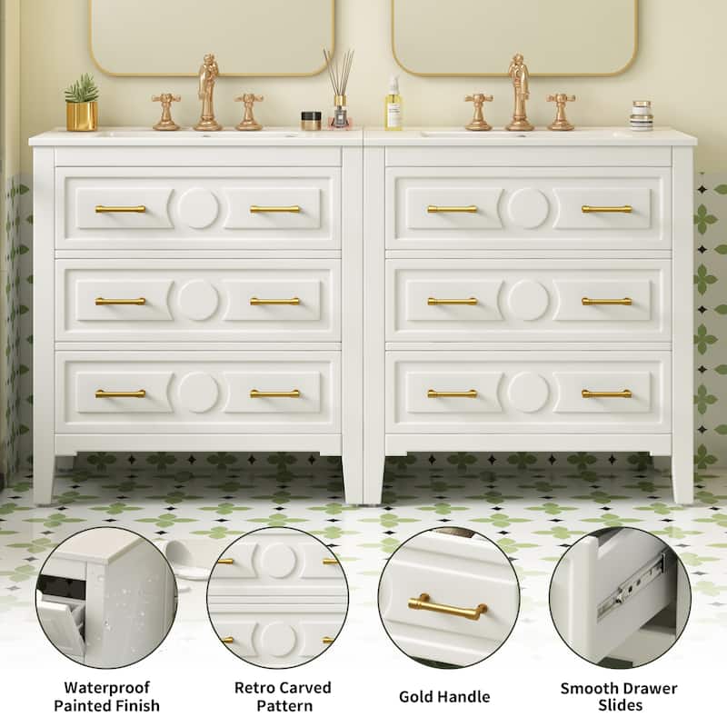 60 Inch Bathroom Vanity with Sink, Solid Wood Cabinet with Ceramic Basin, 3-Drawer Retro Style Storage