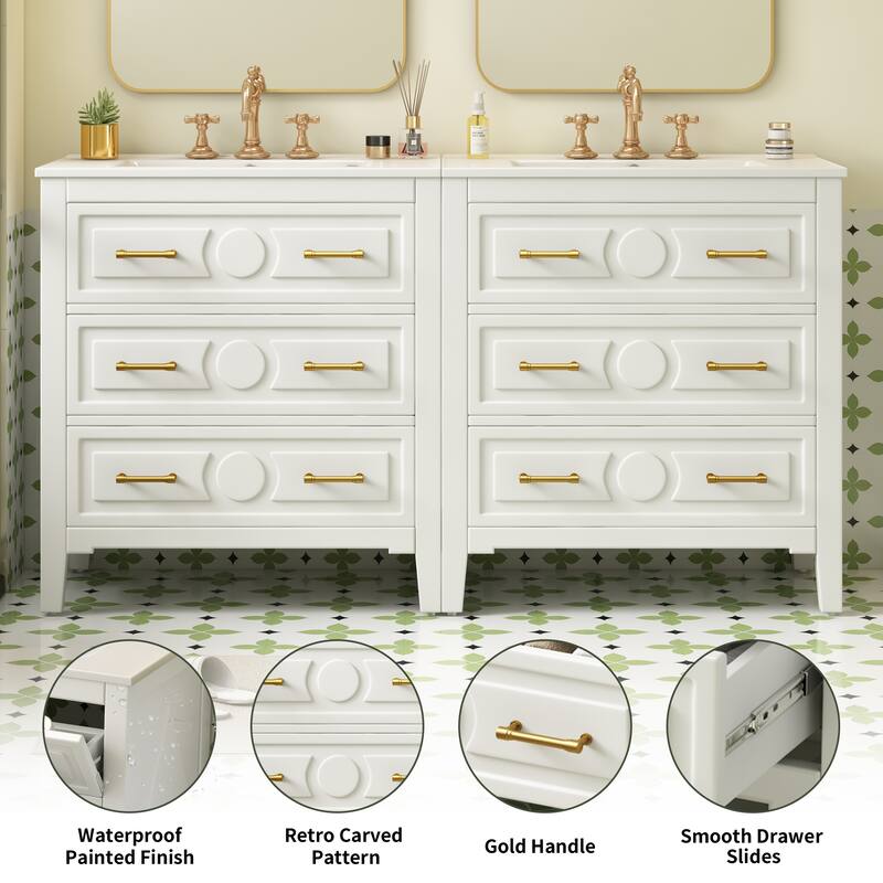GDFStudio - Wellington Retro Freestanding Double Bathroom Vanity Set with Ceramic Sink and 3 Storage Drawers - 60'W