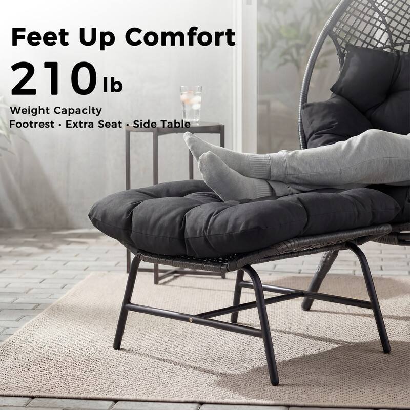 Oversized Wicker Egg Chair with Ottoman and Cushions, Stationary Boho Indoor/Outdoor Lounge Chair