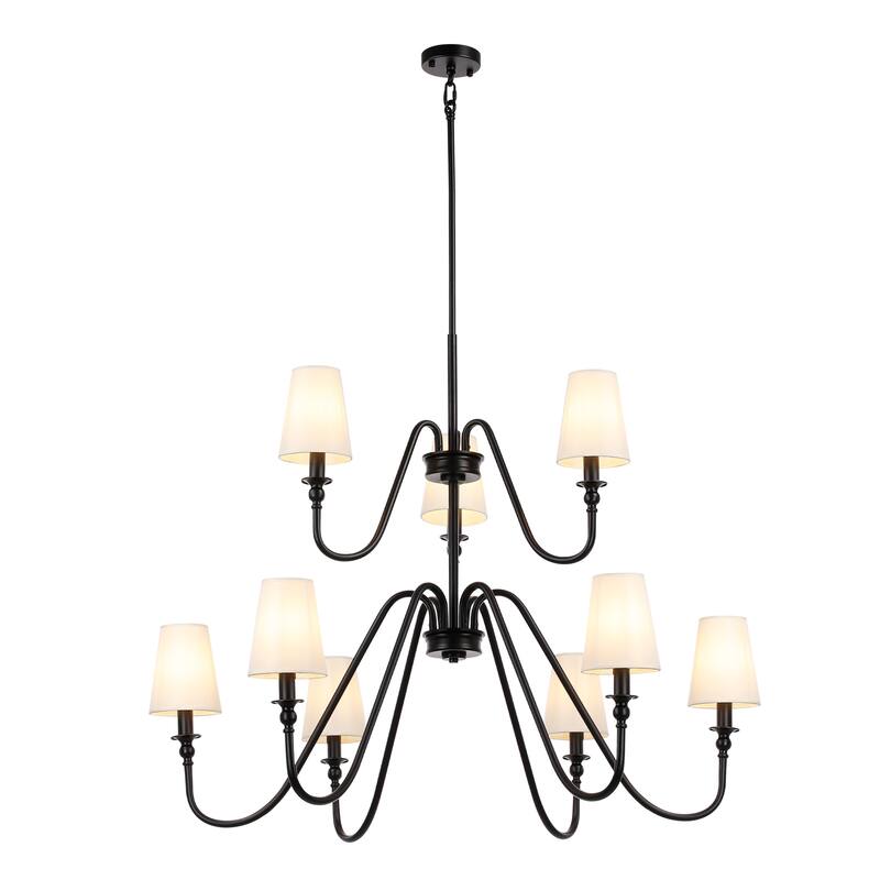 9-light 43" Wide Classic Candle Design Beige Fabric Shaded Chandelier with 2-Tier