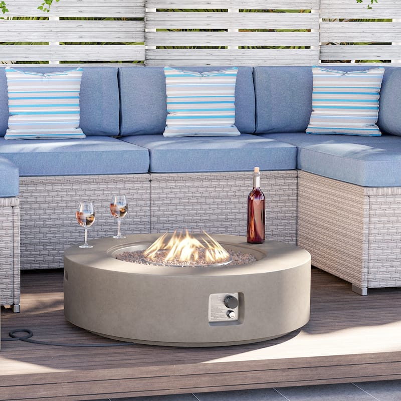 COSIEST Ecru Round Outdoor Propane Fire Pit Tank Outside