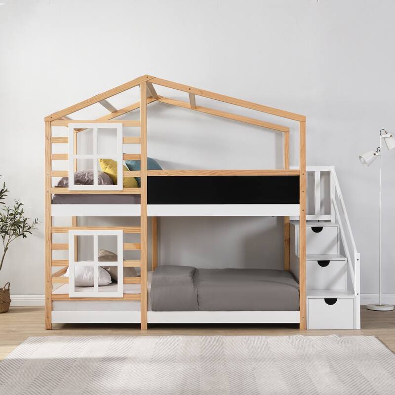 Twin over Twin Bunk Bed House Bed With Roof Windows Blackboard And Storage Ladder Platform Bed, bed Frame