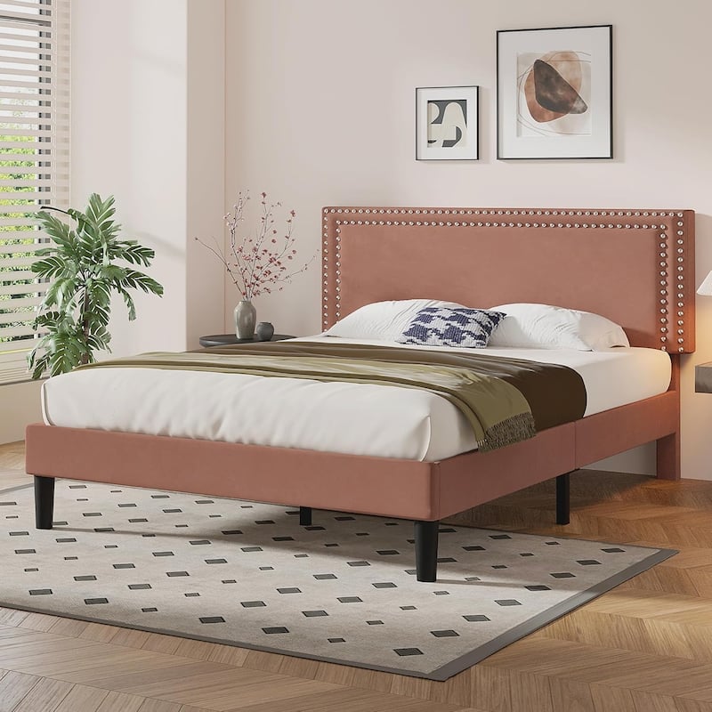 VECELO Upholstered Bed Frames with Height Adjustable Headboard - Coffee - Full