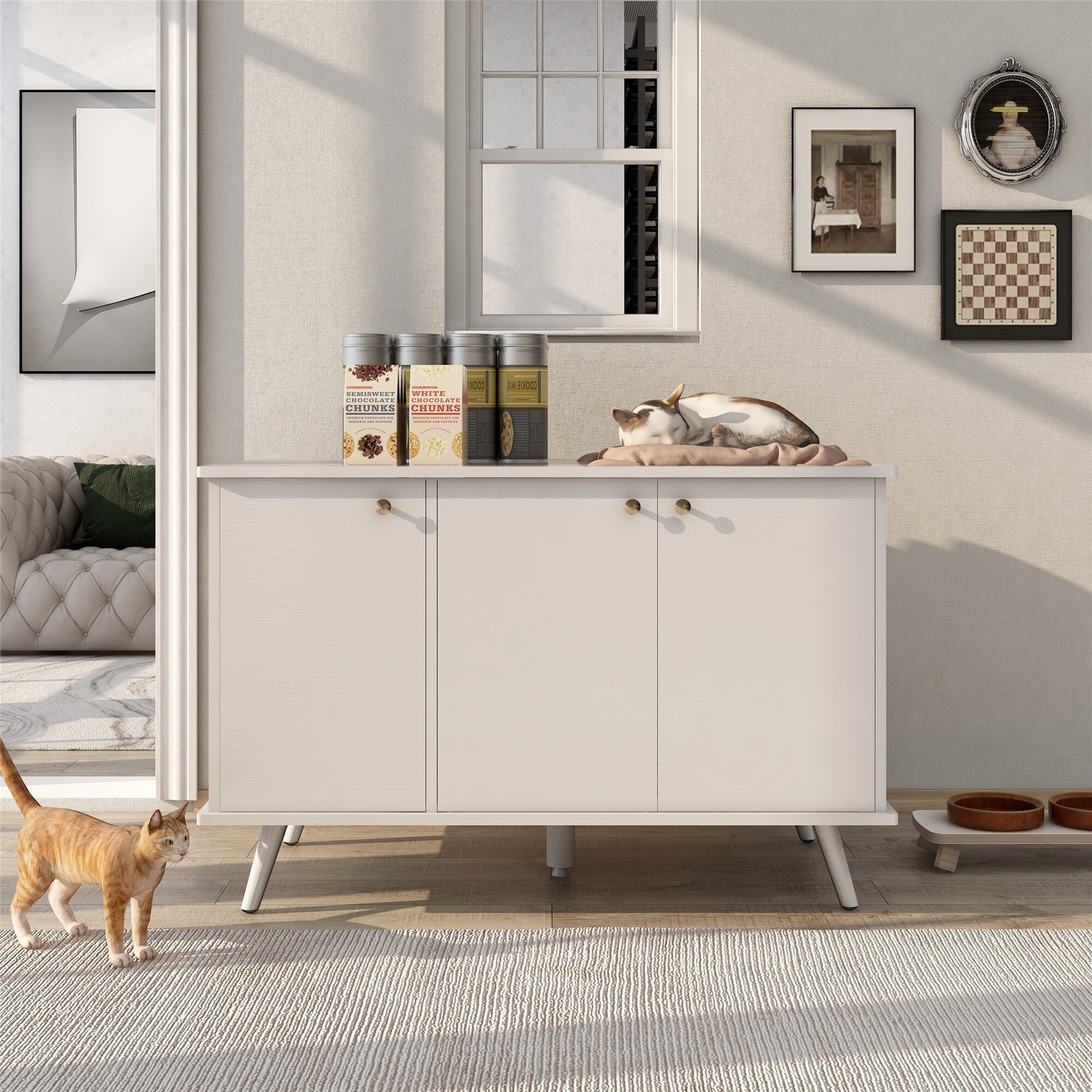 Storage Bench Cat Litter Box Indoor Cat Washroom with Hidden Plug and 3 Doors White
