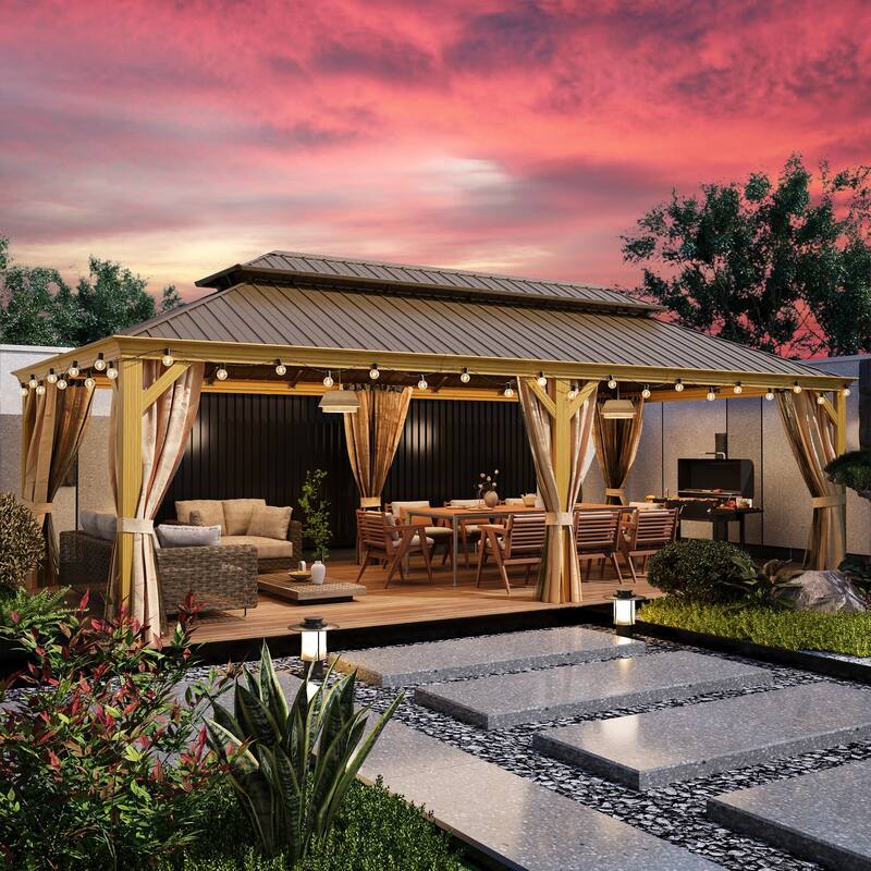 Wooden-Finish Aluminum Frame Outdoor Hardtop Gazebo with Galvanized Steel Double Roof, Premium Curtains, and Netting