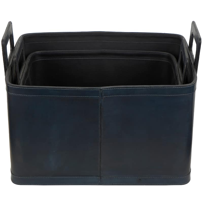 Sleek Leather Modern Storage Basket with Handles (Set of 2) - Dark Blue or Brown