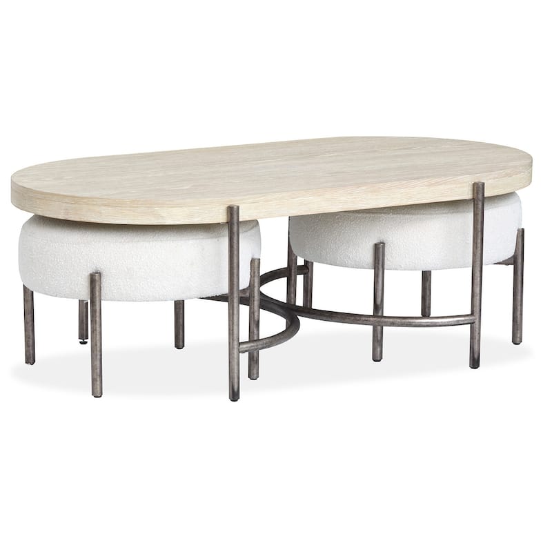 Magnussen Home Jennings Edgecomb Grey and Weathered Antique Nickel Oval Cocktail Table with 2 Ottomans - 52''W x 30''D x 18''H - 52''W x 30''D x 18''H