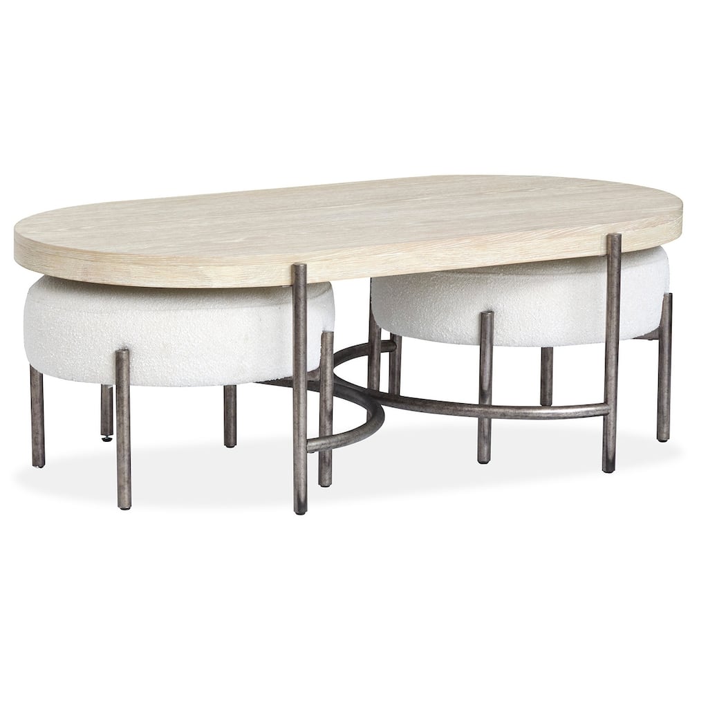 Magnussen Home Jennings Edgecomb Grey and Weathered Antique Nickel Oval Cocktail Table with 2 Ottomans - 52''W x 30''D x 18''H