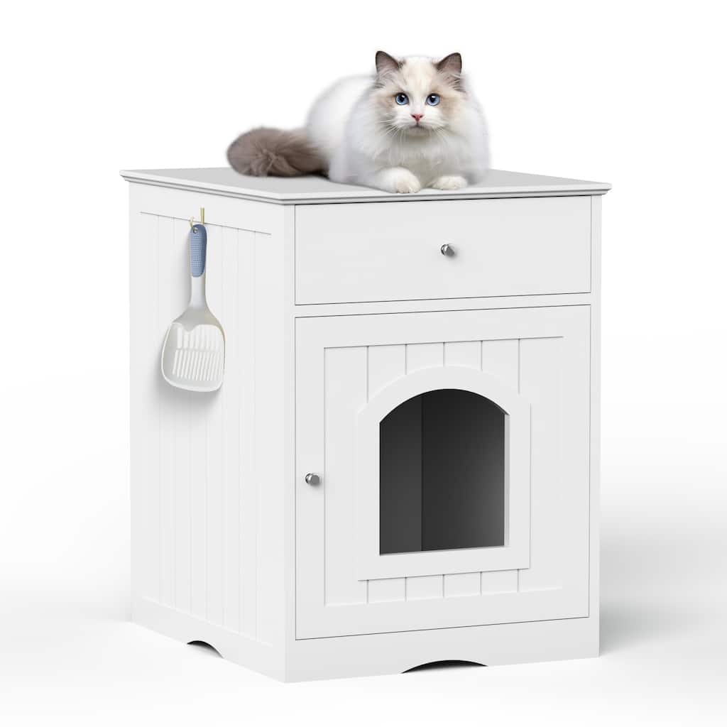 Wooden Pet House Cat Litter Box Enclosure with Drawer, Side Table, Indoor Pet Crate, Cat Home (White)