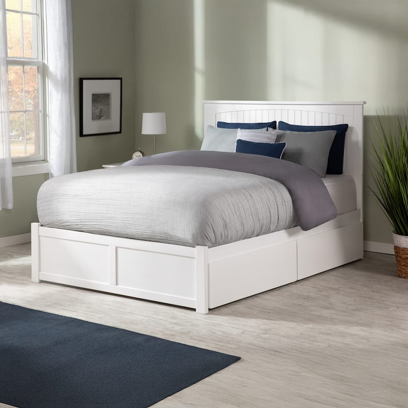 Nantucket Full Solid Wood Platform Bed with Footboard & 2 Storage Drawers in White