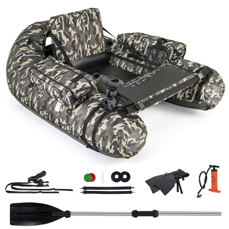 Gymax Inflatable Float Tube w/ Fish Ruler Rod Holder Storage Pockets - Camouflage