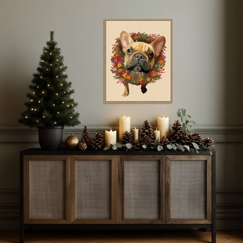 French Bulldog Cranberry Wreath by Fab Funky (23 x 28 in.), Framed Canvas Wall Art Print - Sylvie Beaded Rustic Natural