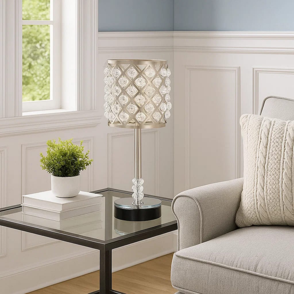 Dany 24 Inch Table Lamp with Crystal Drum Shade, Metal, Brushed Nickel