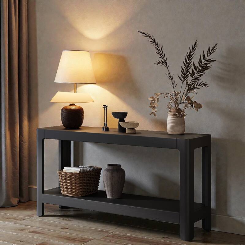 Modern Farmhouse Console Table with Solid Wood Veneer Top and Rounded Corners, Minimalist Entryway Table for Living Room