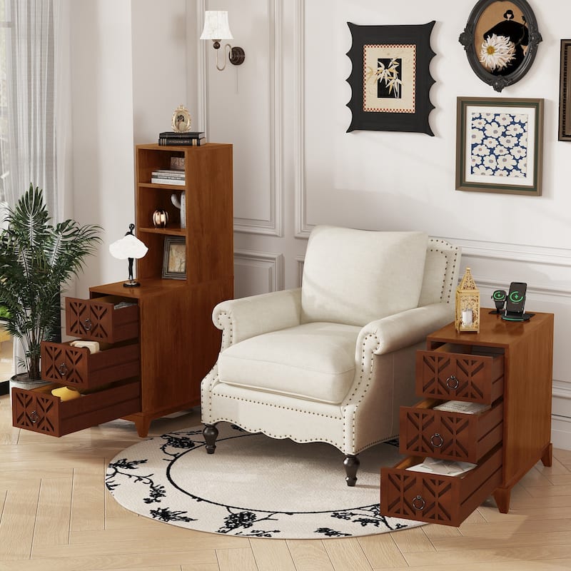 Side Table Slim Nightstand Lamp Table with Drawers, File Cabinet Dressing Table Corner Table with Open Shelves