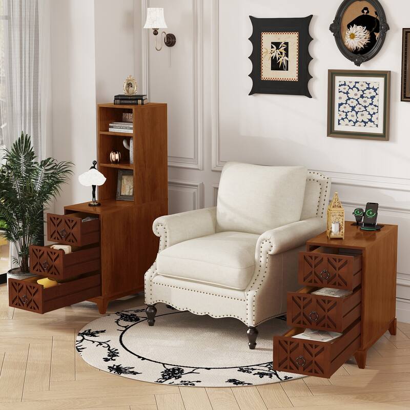 Tall Nightstand with Charging Station, Narrow Sofa Side Table with 3 Drawers & 2 Open Shelves, Solid Wood Entryway Accent Table