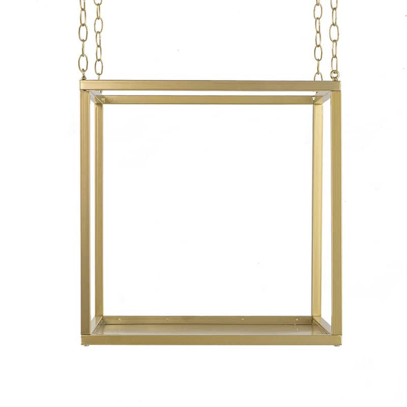 16 Inch Modern Iron Plant Stand, 4 Chains, Open Cube Design, Gold Finish