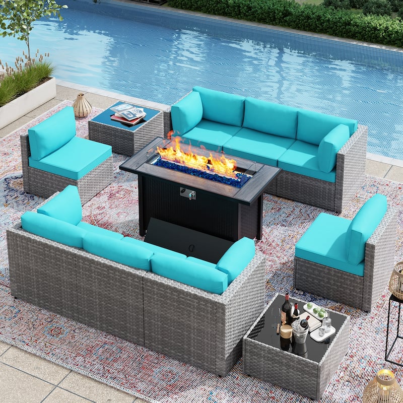 11 Piece Sectional Seating Group with Fire Pit and Cushion - Blue/Silver