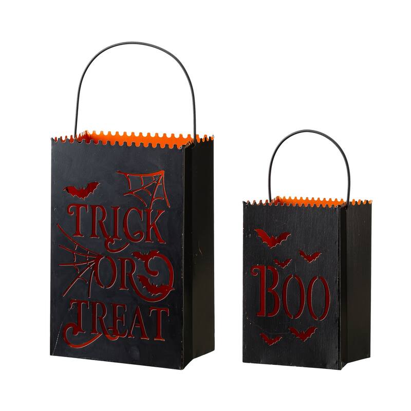 Glitzhome Set of 2 Hollow Out Metal Bucket Lanterns Candle Holder for Fall Halloween Thanksgiving