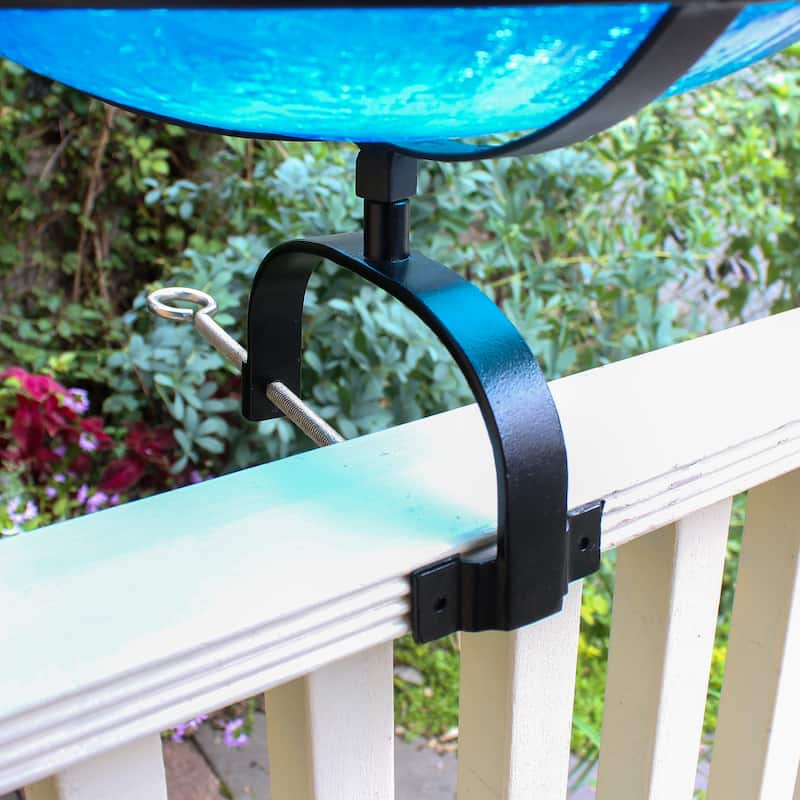 Achla Designs 14"Dia. Round Crackle Glass Birdbath w/Black Wrought Iron Over Rail Bracket