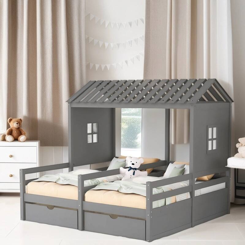 Twin Size House Shape Platform Bed with 2-Drawers for Children, Wooden Kids Storage Bed Frame for Bedroom, Grey