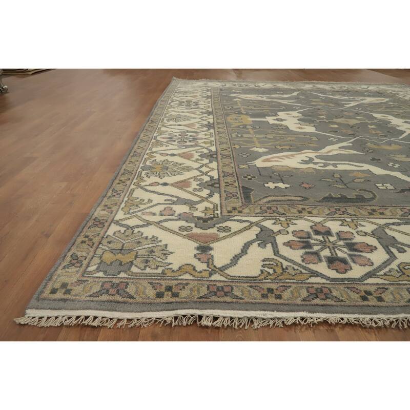 Handmade Gray Oushak Indian Area Rug Geometric Carpet - 11' 9'' X 9' 0''
