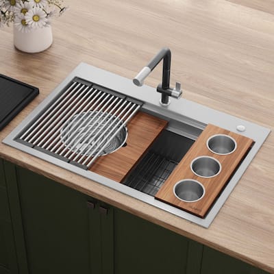 Ruvati 33-inch Workstation Two-Tiered Ledge Kitchen Sink Drop-in Topmount 16 Gauge Stainless Steel - RVH8424 - 33 x 22
