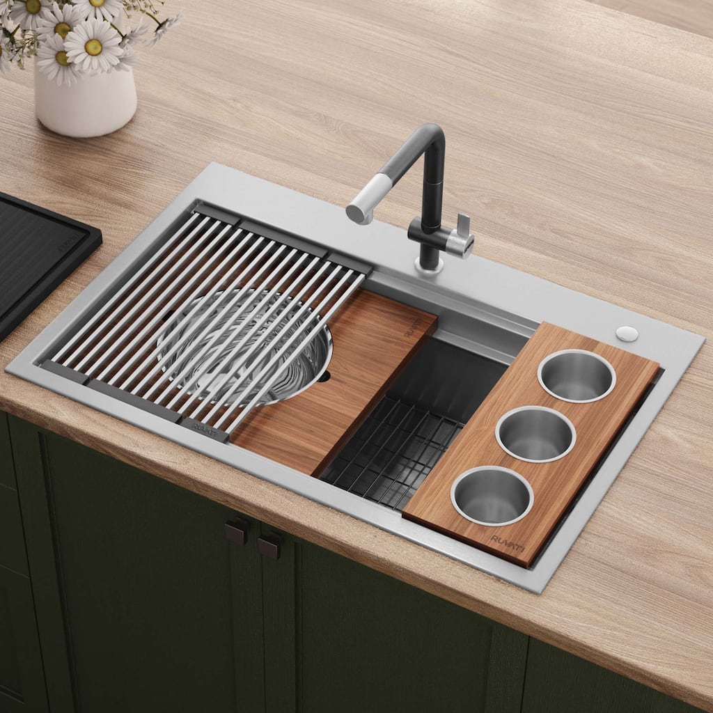 Ruvati 33-inch Workstation Two-Tiered Ledge Kitchen Sink Drop-in Topmount 16 Gauge Stainless Steel - RVH8424 - 33 x 22