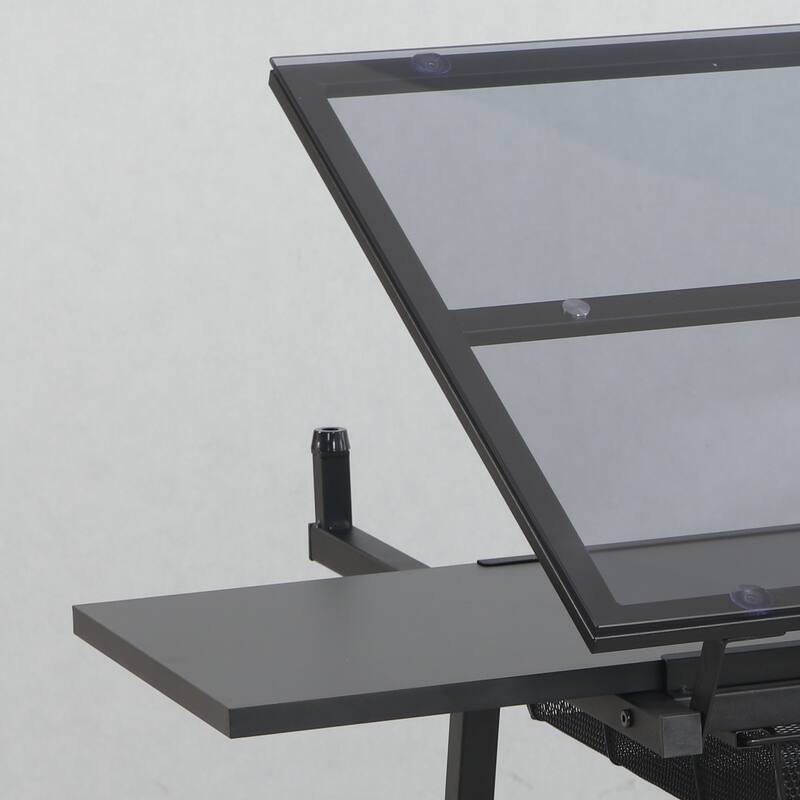 black adjustable tempered glass drafting printing table with chair