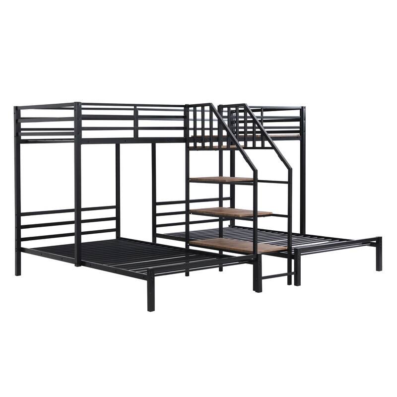 Metal Twin over Twin & Twin Bunk Bed, Triple Bunk Bed with Storage Shelves Staircase