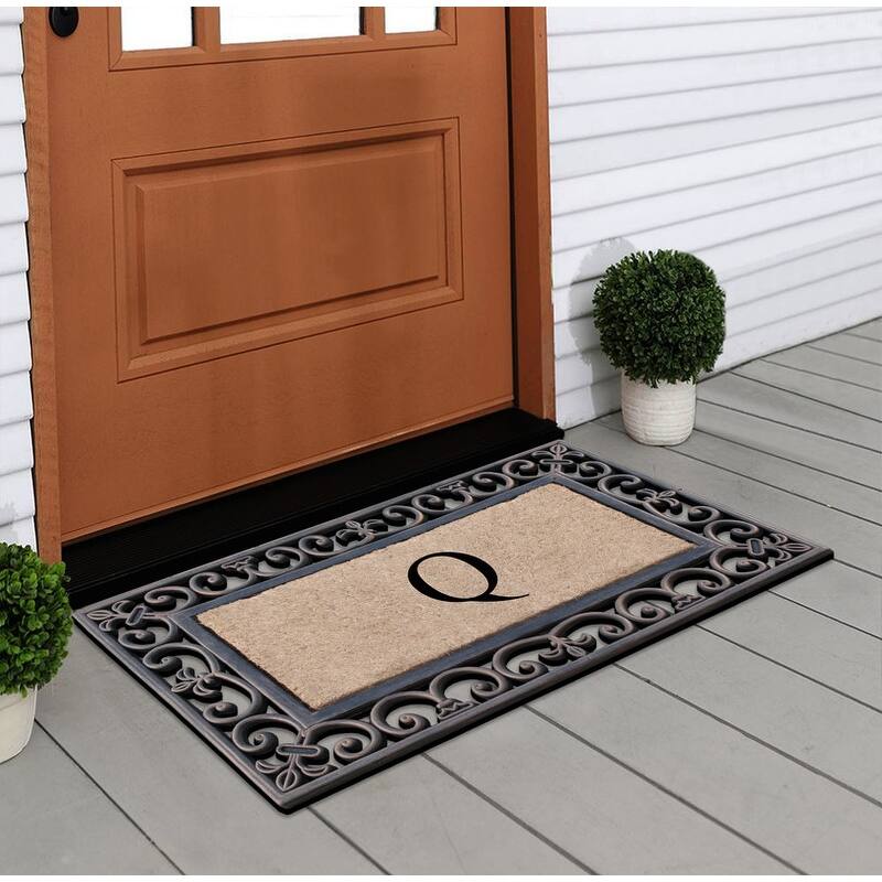 A1HC Natural Coir and Rubber Classic Paisley Border Bronze Monogrammed Doormat