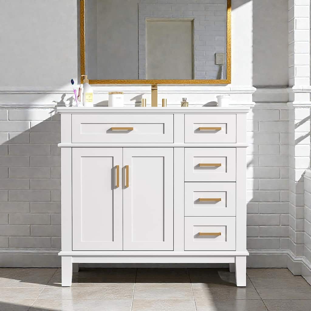 36 Inch White Bathroom Vanity with Ceramic Sink, Modern Freestanding Cabinet with Soft Close Doors and 4 Drawers