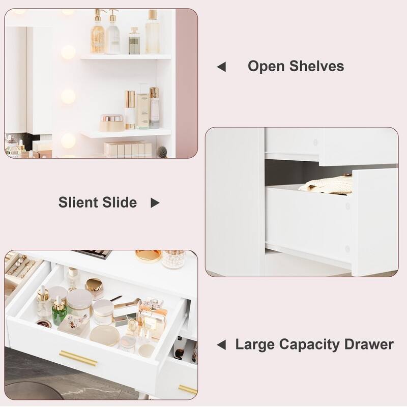 61" Makeup Vanity Desk with Mirror and Lights, 8 Drawers, 2 Shelves