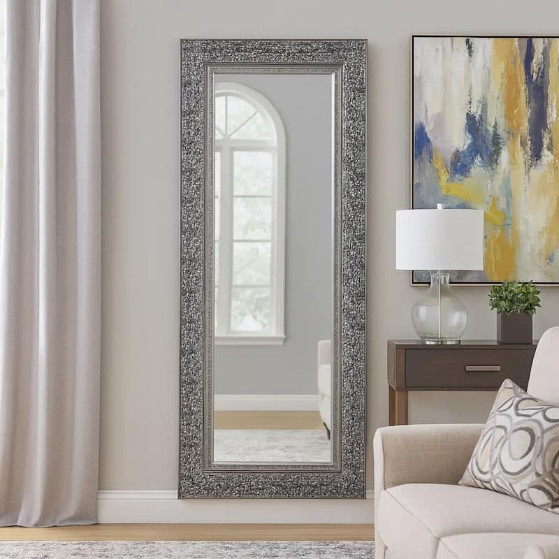 Rectangular Beveled Accent Floor Mirror with Glitter Mosaic Pattern, Gray