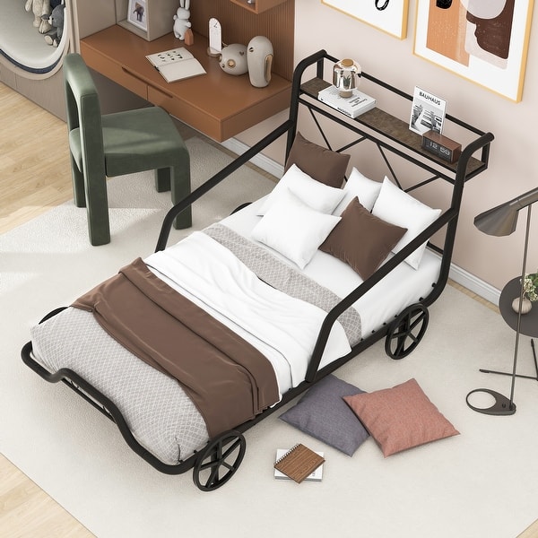 slide 2 of 24, Twin Size Metal Car Bed with 4 Wheels and X-Shaped Frame Shelf Black - Twin