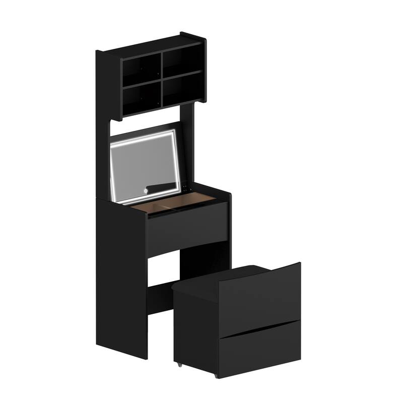 Dressing Table with Flip Top LED Illuminated Mirror, Makeup Vanity Dressing Table with Removable Upholstered Stool