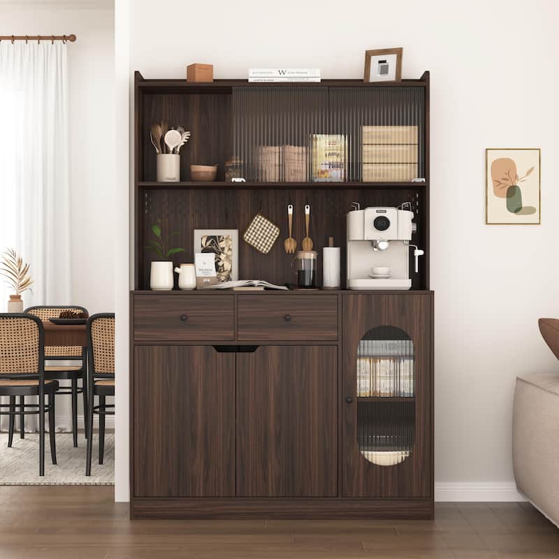 71" Tall Kitchen Pantry Cabinet with Reeded Glass Doors, Microwave Stand and Storage Shelves, Freestanding Bakers Rack Sideboard
